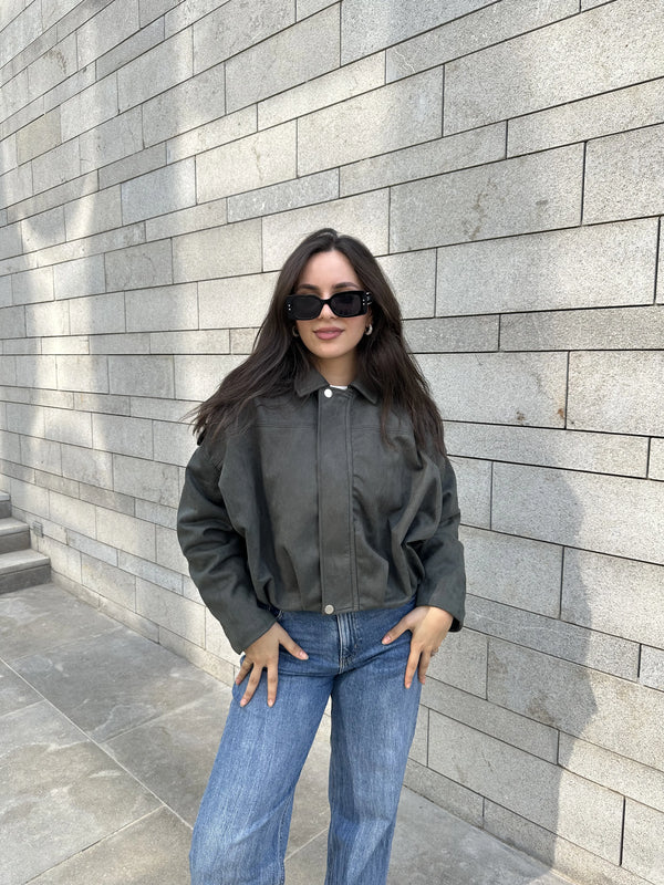 Oversized Suede Jacket-Olive