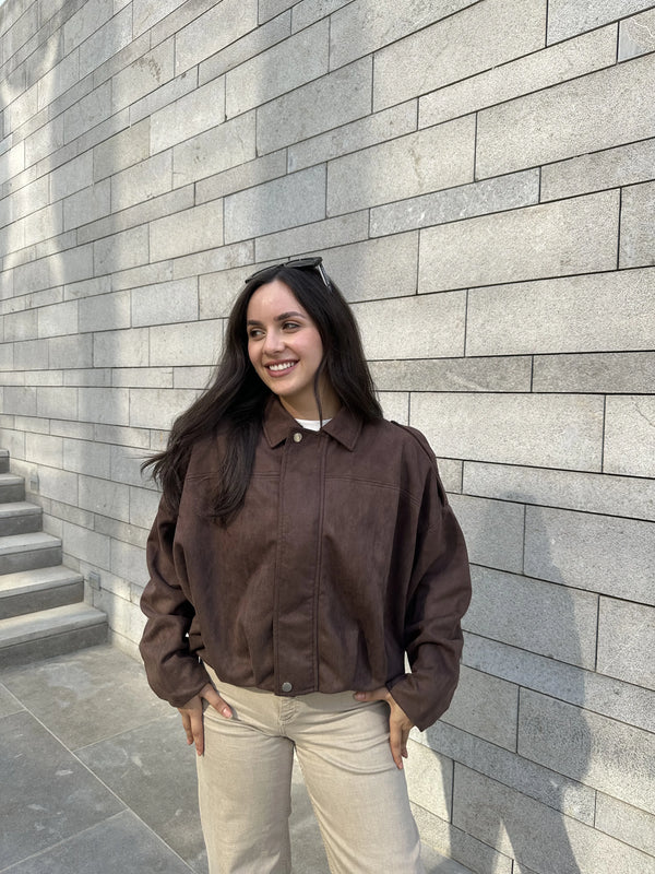 Oversized Suede Jacket-Brown