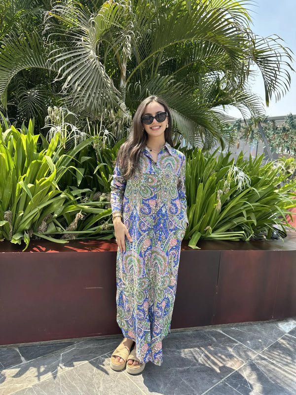 Long Shirt Linen-Tropical Azure Paisley