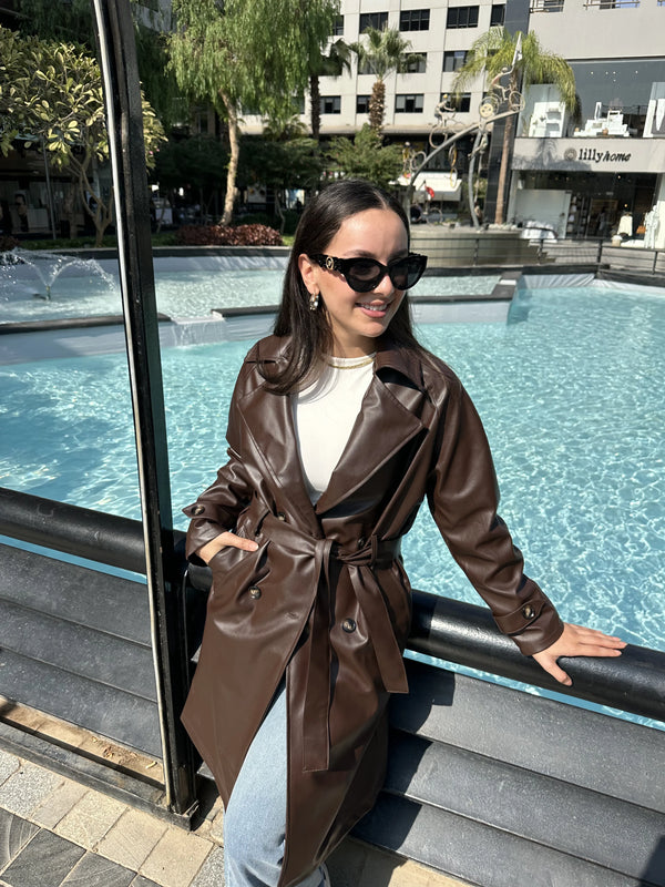 Leather trench coat-Dark Brown
