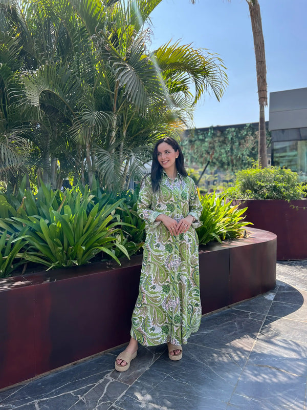 Long Shirt  Linen-Green Paisley Print
