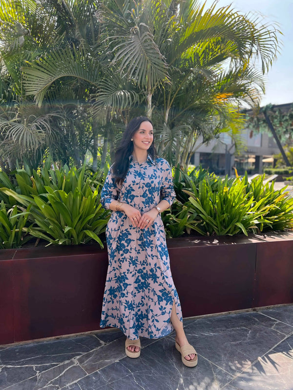 Long shirt cotton-Petrol Blue Floral