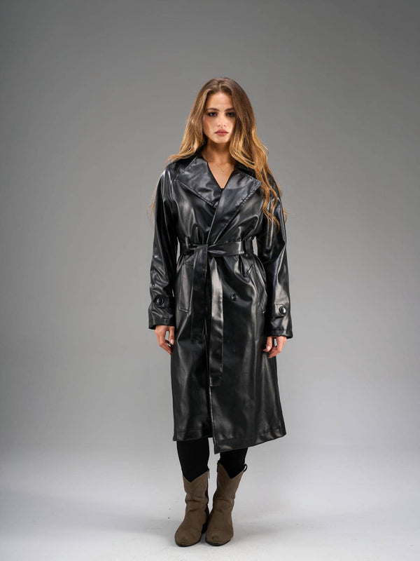 Leather trench coat-Black