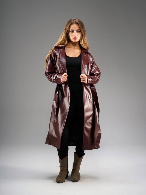 Leather trench coat-Burgundy