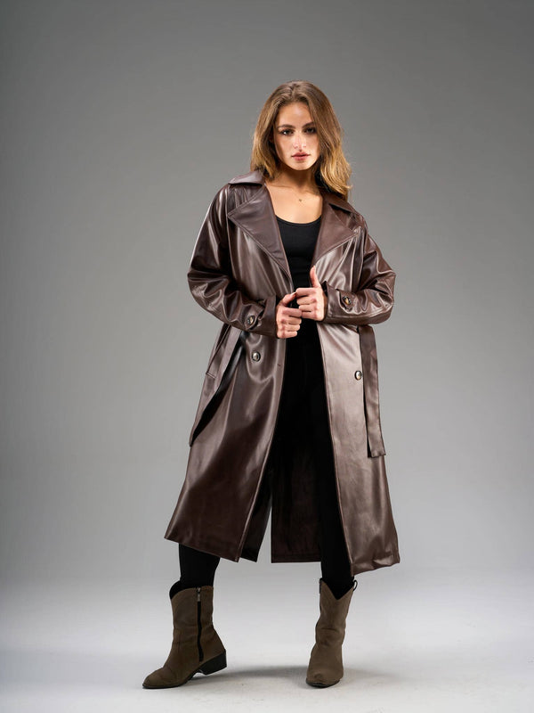 Leather trench coat-Dark Brown